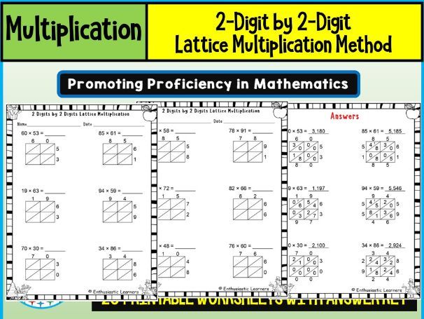 2-Digit by 2-Digit Multiplication with Lattice Method Worksheets Math Problems