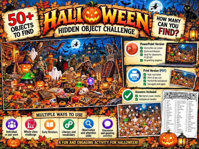 HALLOWEEN - HIDDEN OBJECT CHALLENGE - Powerpoint and Print