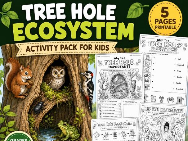 Tree Hole Ecosystem for Kids | 5-Page Printable Science Activity Pack |K-Grade 3