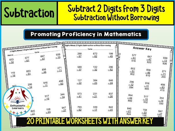 Subtract 2-Digits from 3-Digits Subtraction without Borrowing Worksheets – Practice Activity