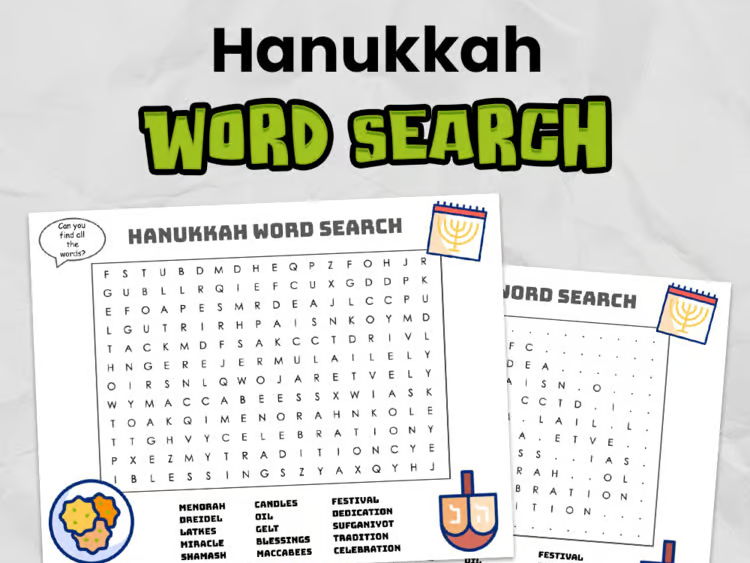 Hanukkah Word Search | Printable Hanukkah Activity Worksheet for Elementary