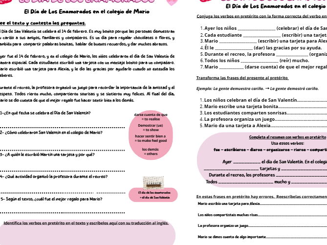 Día de San Valentín Spanish Preterite Read/grammar lesson (KS3/4)