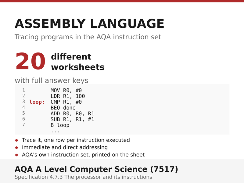 Assembly Language Trace Tables | AQA A Level Computer Science 7517 | 20 Worksheets + Answers