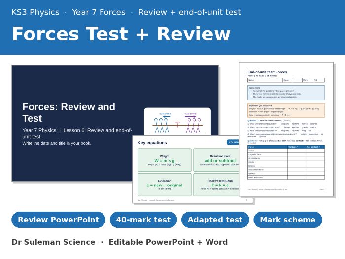 KS3 Physics Forces End of Unit Test + Review Lesson