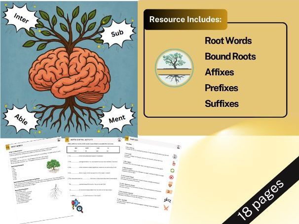 Root Words and Affixes - Year 7 / Grade 6- Matching, Gap Fill, & More, 16 Pages, No Prep