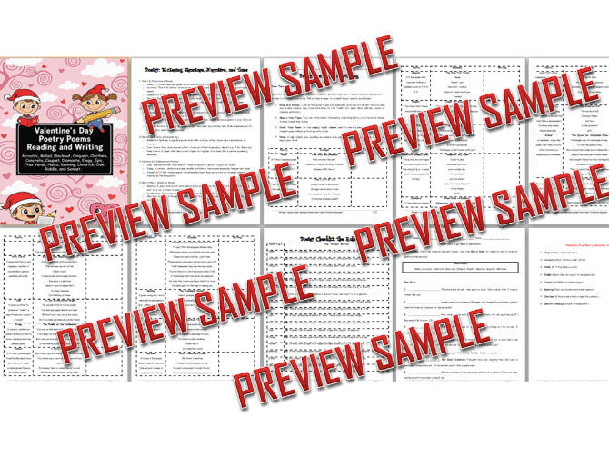 Valentine’s Day Poetry | 17 Poetic Forms Valentine’s Reading Writing 8 Pages