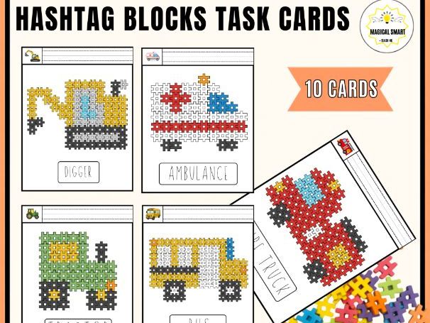 Transportation Hashtag Block Task Cards Building STEM Challenge Vehicules Game
