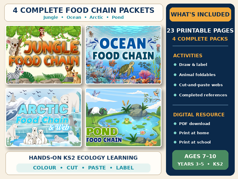 Food Chains and Food Webs Hands-On Printable Bundle – Four Ecosystems | Ages 7–10 | Years 3–5 | KS2