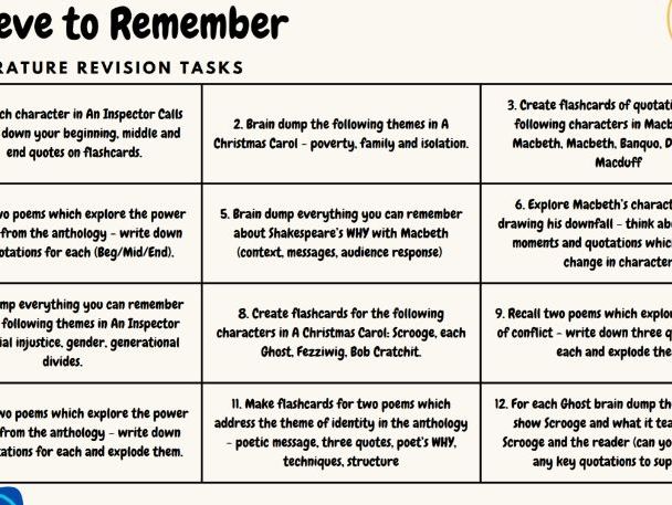 AQA GCSE English Literature Revision Tasks Sheet | Teaching Resources