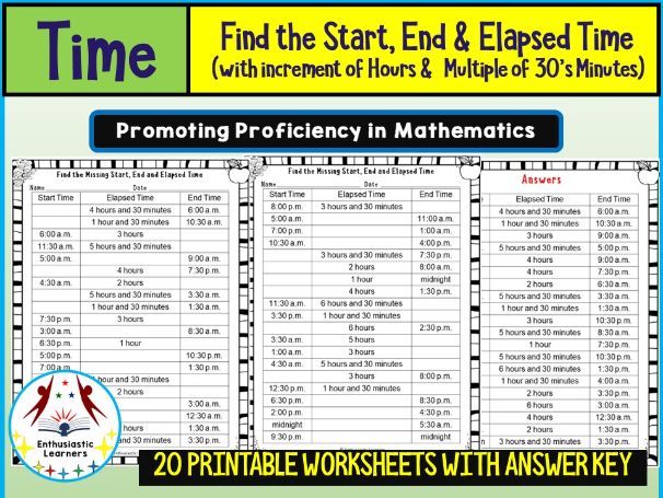 Find the Start, End & Elapsed Time Worksheets (30-Minute & Multiple Hour Increments) Math