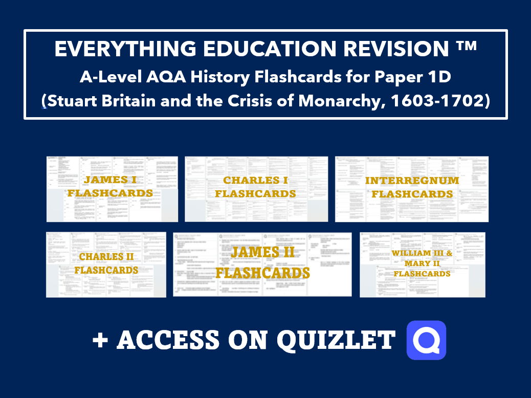 *RESOURCE BUNDLE* A-Level AQA History Flashcards Bundle for Paper 1D – Stuart Britain & Crisis of Monarchy, 1603-1702