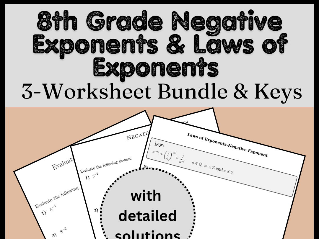 8th Grade Negative Exponents & Laws of Exponents 3-Worksheet Bundle & Keys