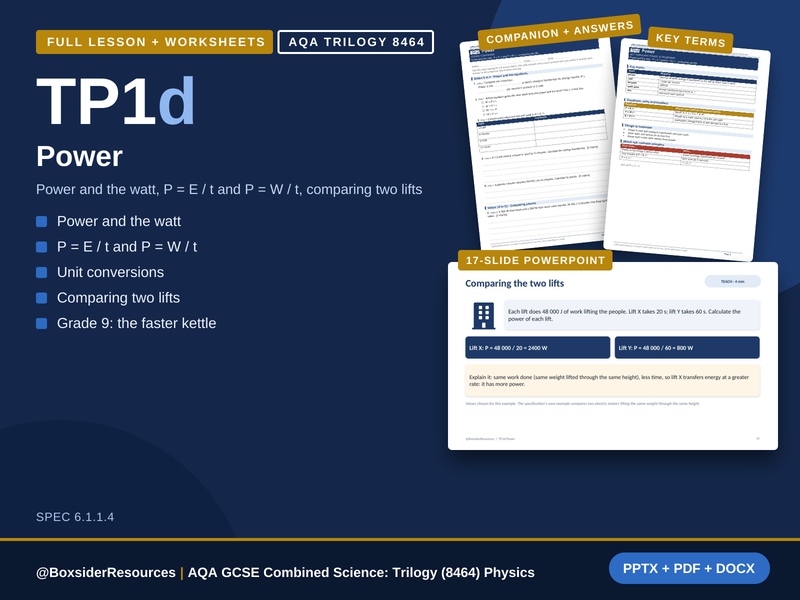 TP1d Power | AQA GCSE Combined Science Trilogy | Lesson + Worksheet