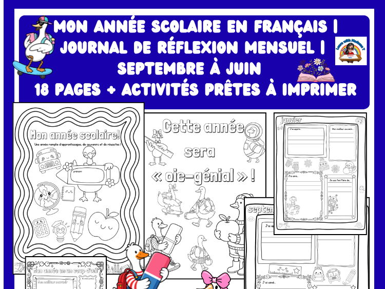 Mon année scolaire en français | Journal de réflexion mensuel | Septembre à juin