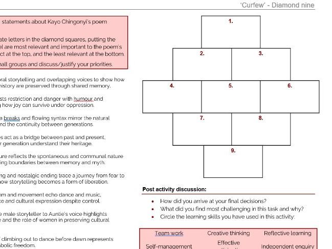 Kayo Chingonyi: 'Curfew' Diamond 9 Worksheet
