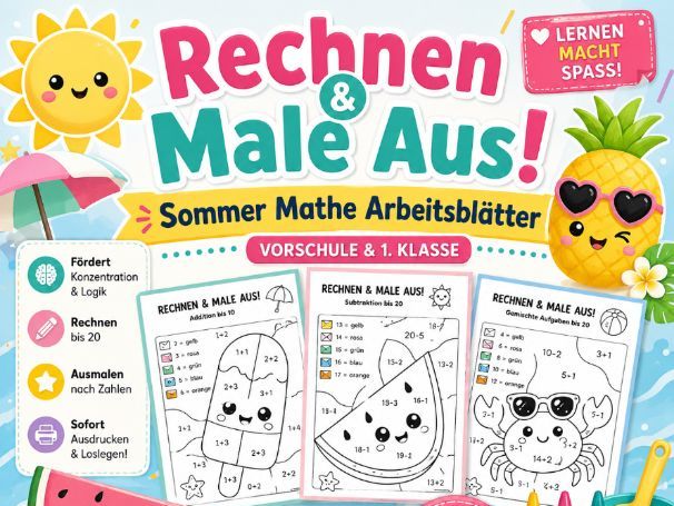 Rechnen & Ausmalen Sommer PDF – Mathe Arbeitsblätter für Vorschule & Grundschule