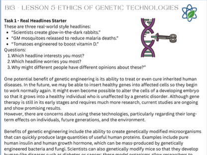 B13/L5 - The Ethics of Genetic Engineering Revision Worksheet With Answers/GCSE/AQA/Combined Science