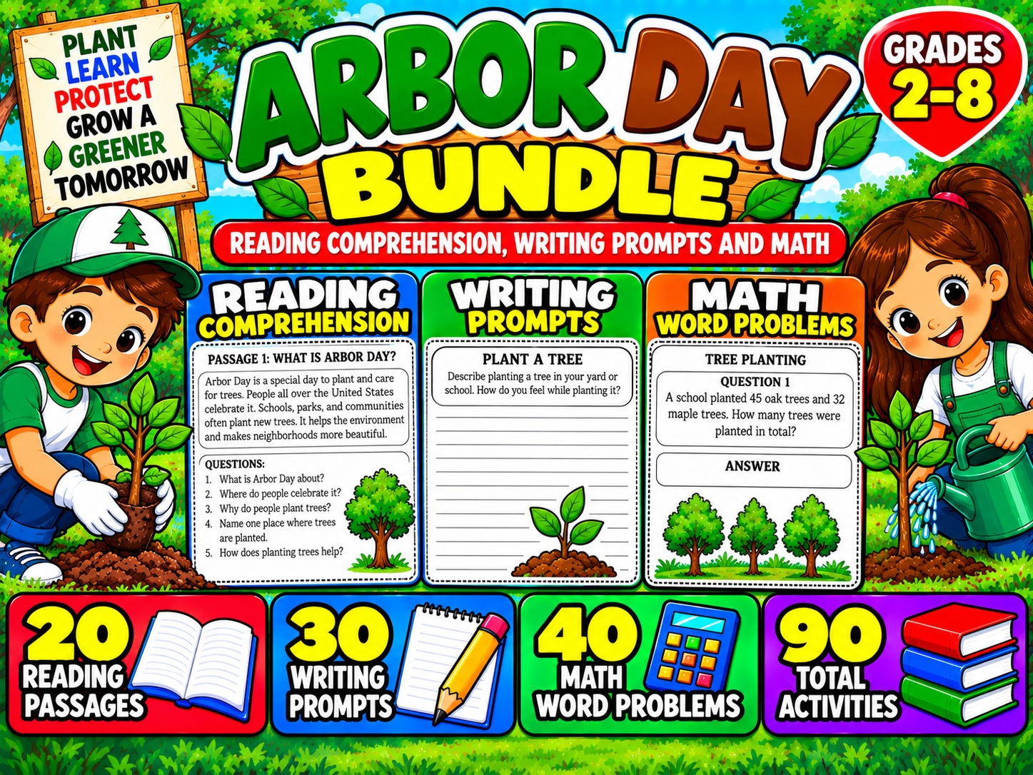 Arbor Day Bundle | Reading Comprehension, Writing Prompts and Math