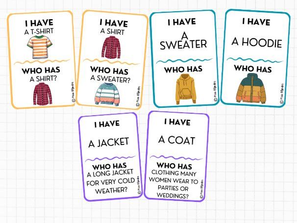 I Have Who Has Clothes Vocabulary Game | ESL Speaking and Listening Activity | Clothing and Accessor