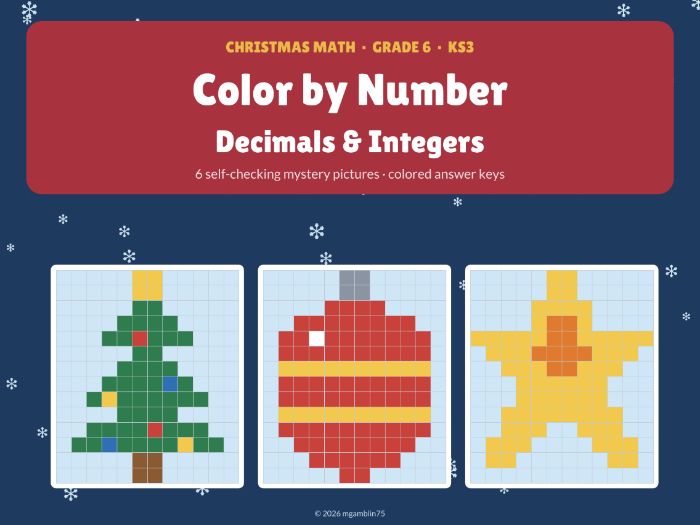 Christmas Color by Number Math | Decimals & Integers Mystery Pictures | Grade 6 | KS3 Maths
