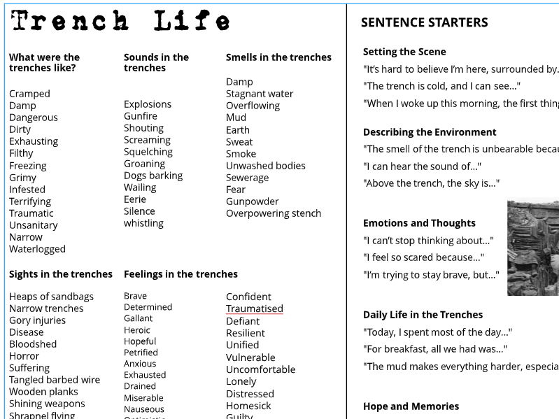 Trench worksheet for World War 1 themed lessons. Suitable for Private Peaceful units.