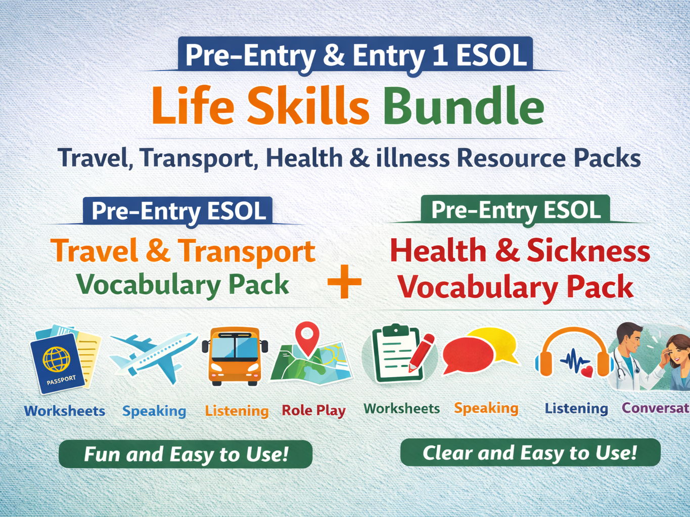 Pre-Entry & Entry 1 ESOL Life Skills Bundle – Travel, Transport, Health & Illness Worksheets with Teacher Copies
