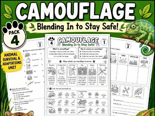 Camouflage Worksheets |Animal Adaptations Science Activities |Grades 2–4 |Pack 4