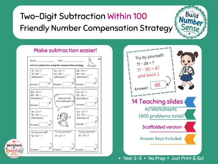 Two-Digit Subtraction Within 100 | Friendly Number Compensation Strategy | Year 2–3