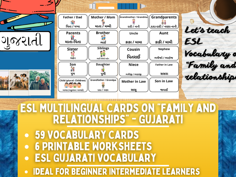 ESL Multilingual Vocabulary Flashcards - Family & Relationships - Gujarati