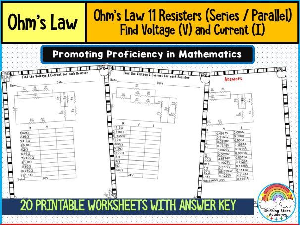 Ohm’s Law – 11 Resistors (Series / Parallel) (Find Voltage (V) and Current (I)) Worksheets | Complex