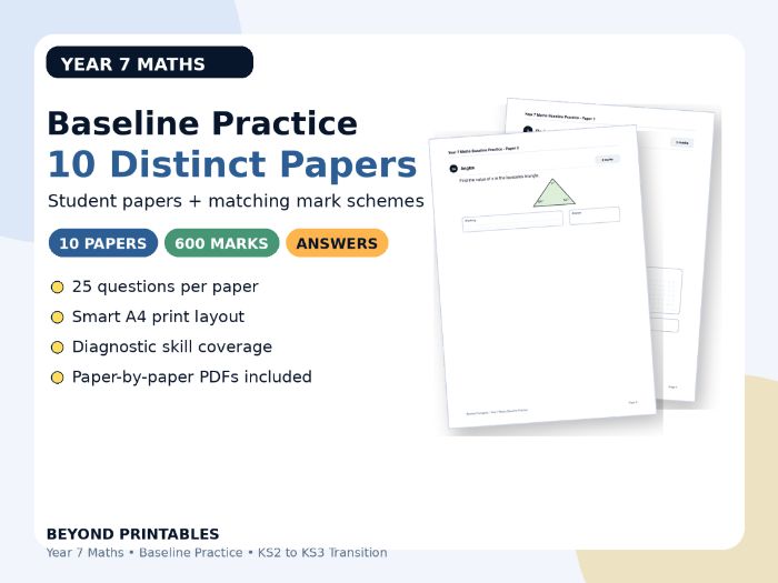 Year 7 Maths Baseline Practice Tests - 10 Papers with Mark Schemes | KS2 to KS3 Transition
