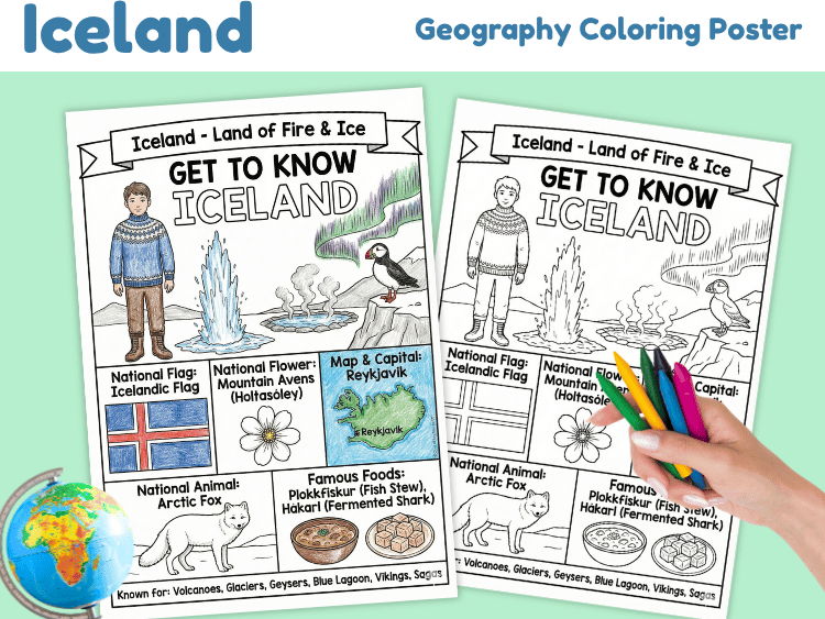 Iceland Geography Coloring Poster | Country Facts & Landmarks