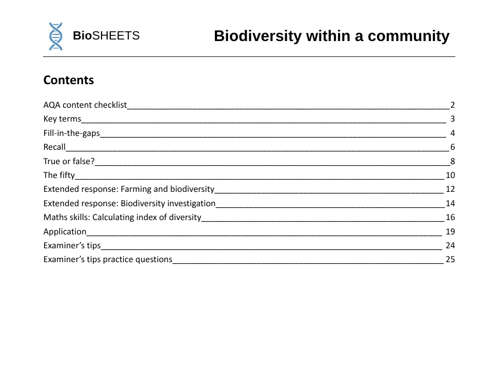 AQA A-Level Biology: 4.6 Biodiversity within a community – BioSHEETS Complete Study & Practice Pack