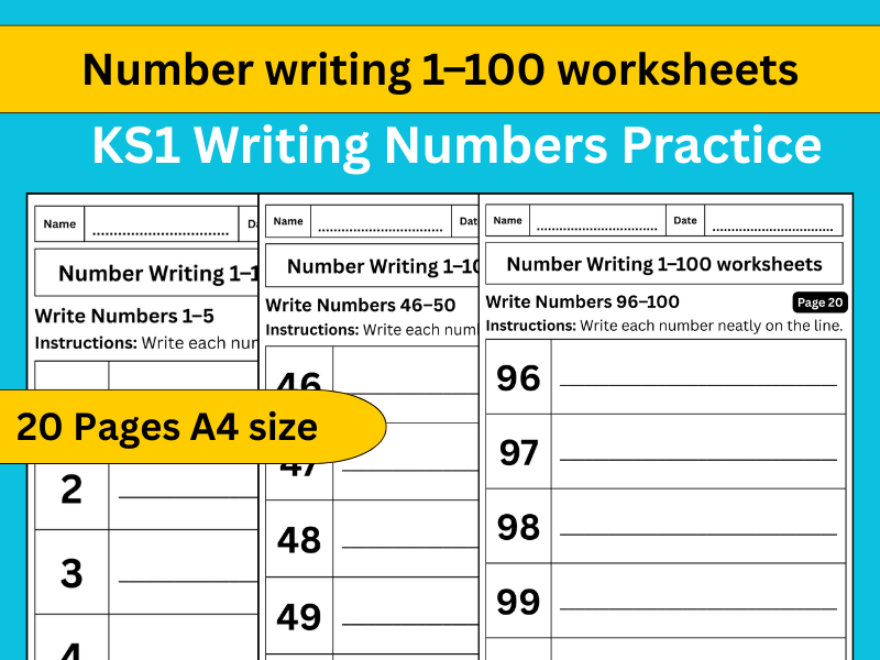 Number Writing 1–100 Worksheets | KS1 Writing Numbers Practice