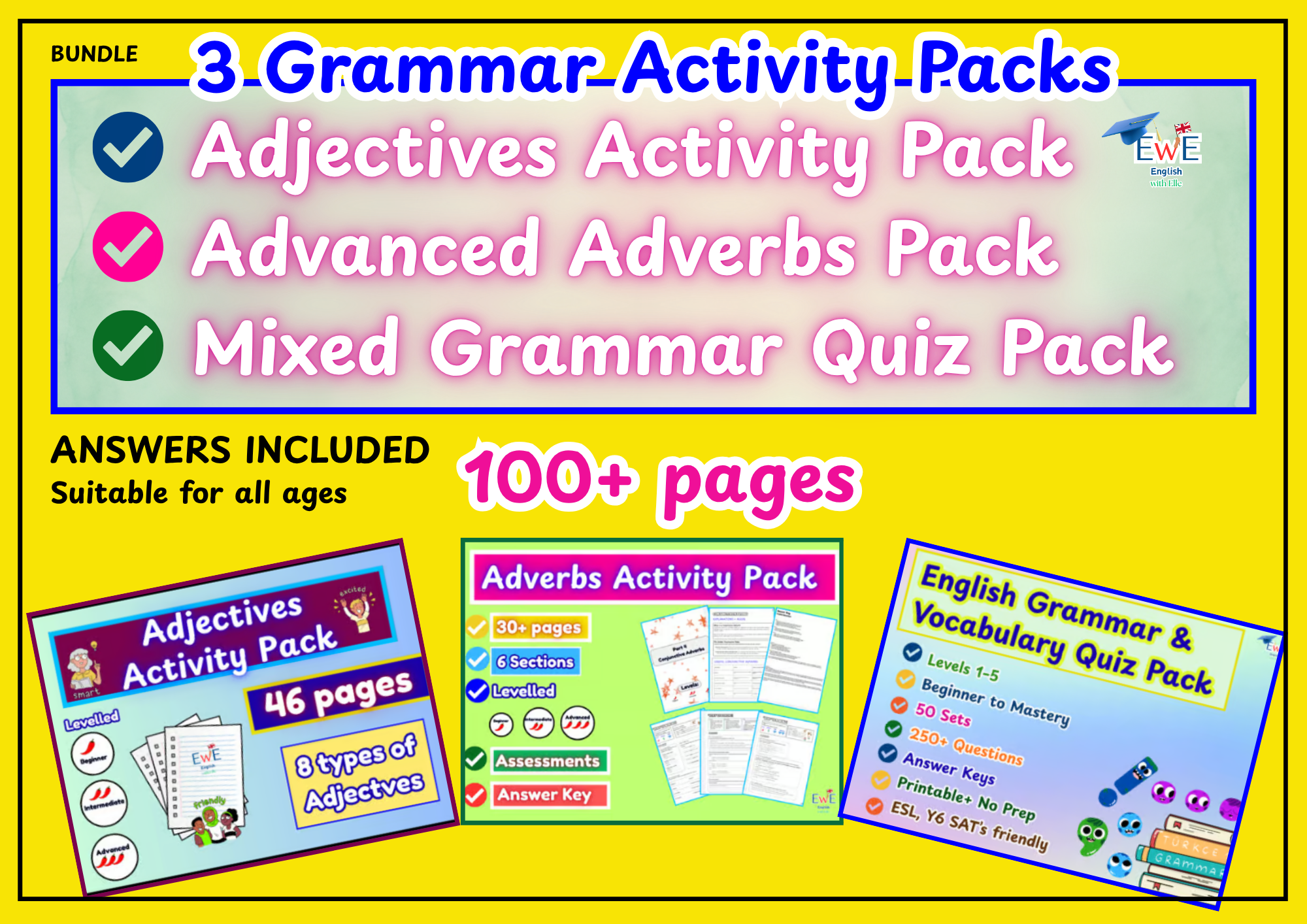 Adjectives Pack , Adverbs Pack + Mixed Grammar Quiz Activity Worksheets ESL ELA