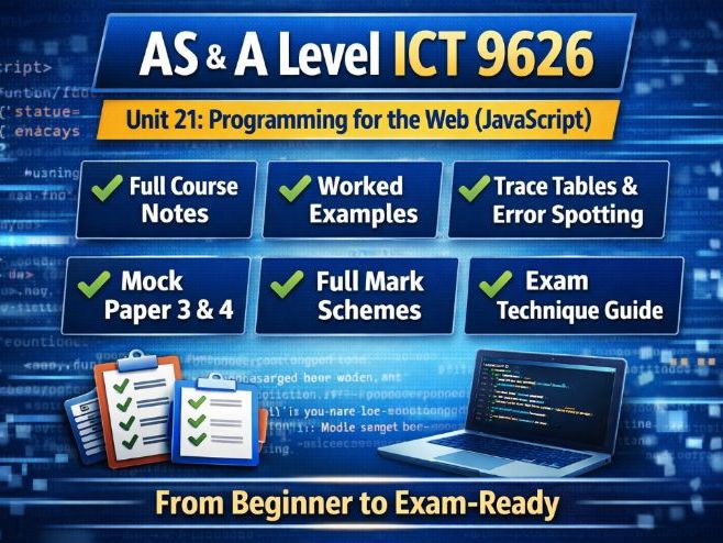 Cambridge A Level ICT 9626 – Chapter 21: Programming for the Web (JavaScript) Complete Workbook