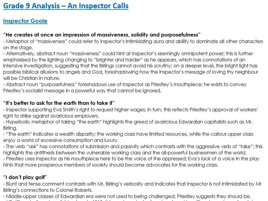 Grade 9 Analysis of 38 'An Inspector Calls' Quotes