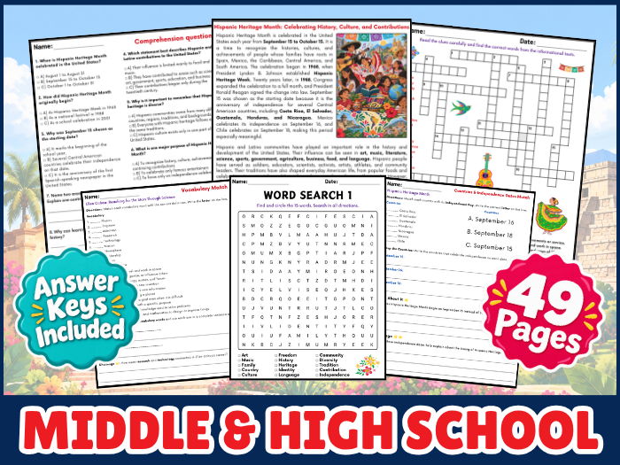 Hispanic Heritage Month Activties - Puzzles for Middle & High School Sub Plan