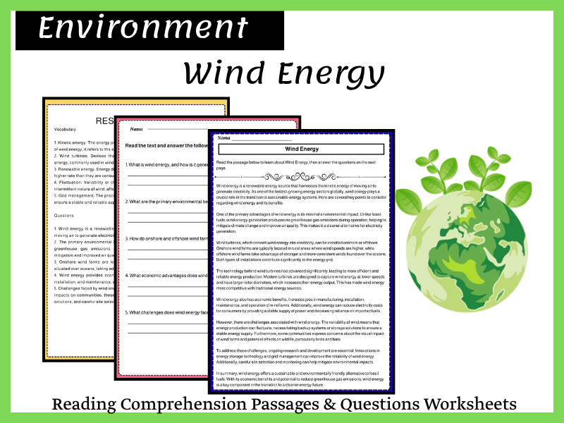 Wind Energy Reading Comprehension Passages & Questions Worksheets