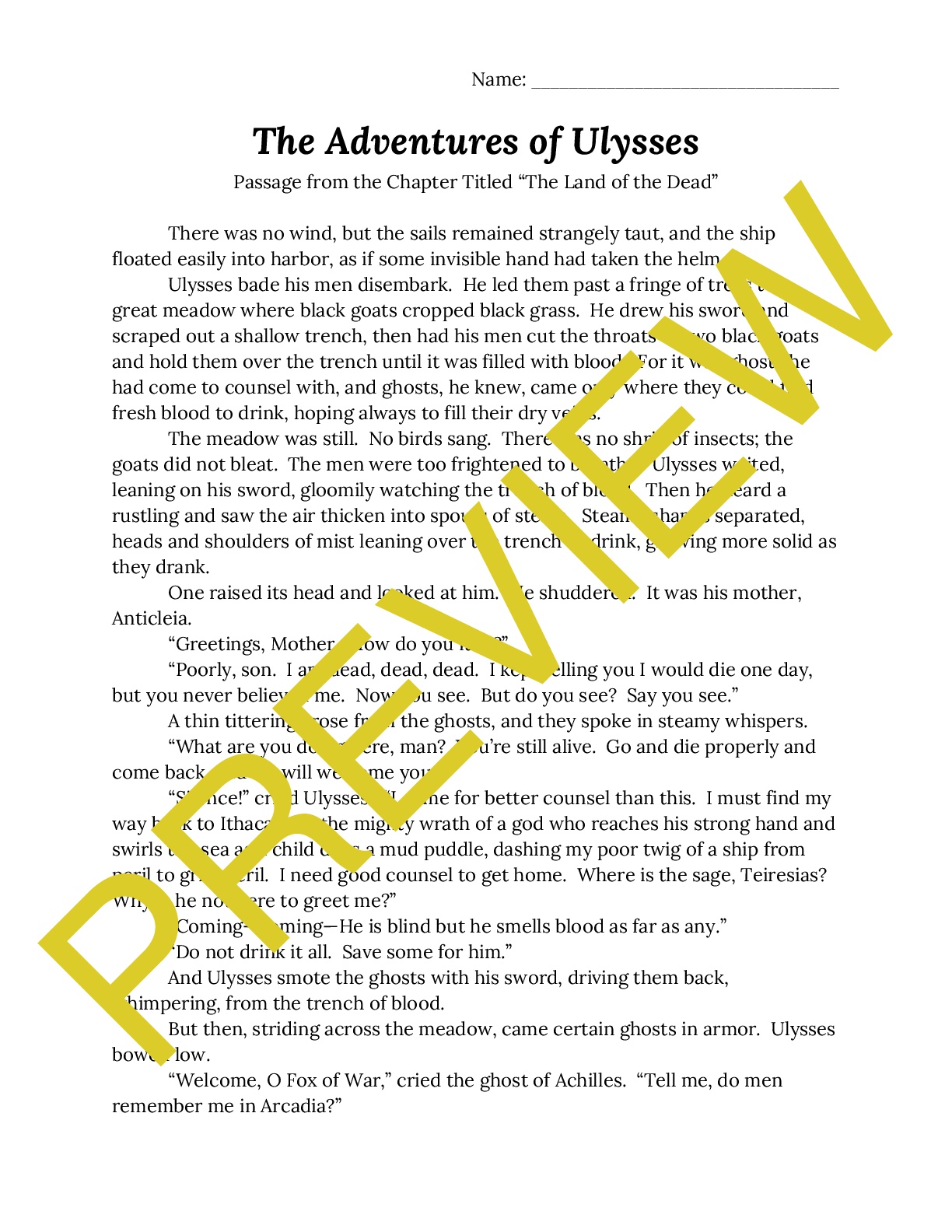 Adventures of Ulysses Close Reading Worksheet Land of the Dead