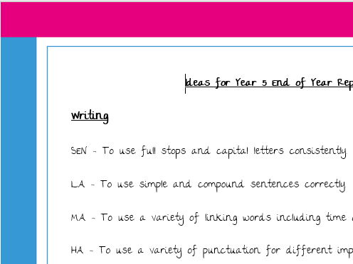 EOY Y5 Targets for Reading, writing and maths - great for reports - differentiated