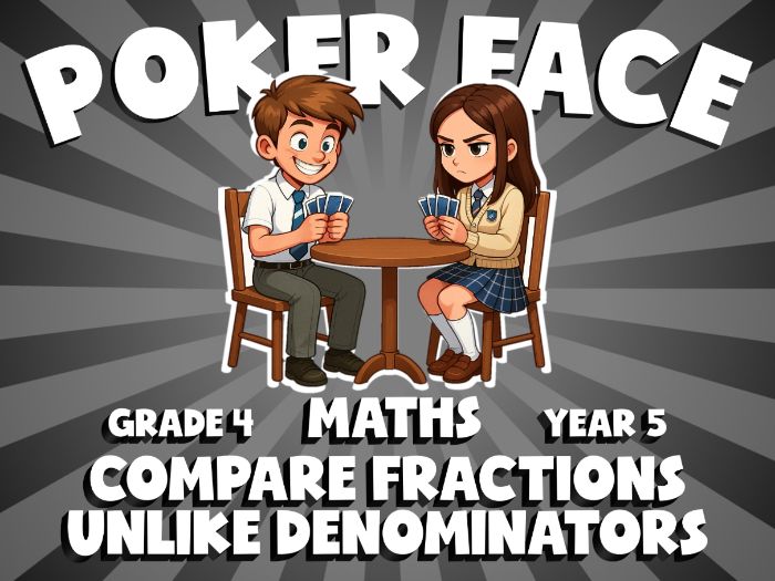 Compare Fractions  Unlike Denominators POKER FACE Maths Game | No-Prep Year 5 Review Activity