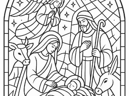 Christmas Nativity Stain Glass Style Colouring Page