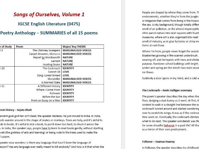 SUMMARIES of all 15 Poems -Songs of Ourselves Vol1 IGCSE Eng Lit (0475)