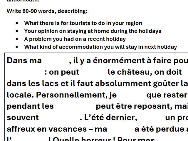 GCSE French 90-Word Answer Worksheet - Holidays