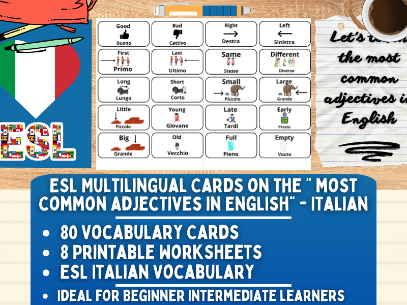 ESL Multilingual Vocabulary Flashcards - most common adjectives - Italian