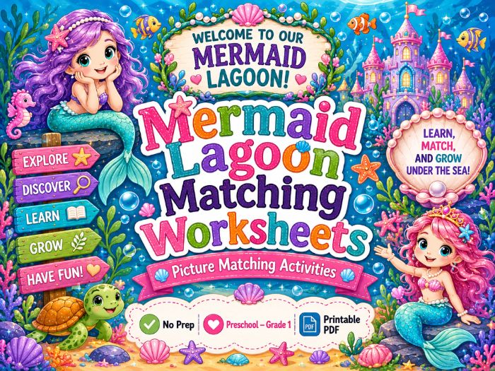 Mermaid Matching Worksheets | Ocean Activities for Preschool Kindergarten 1st Grade