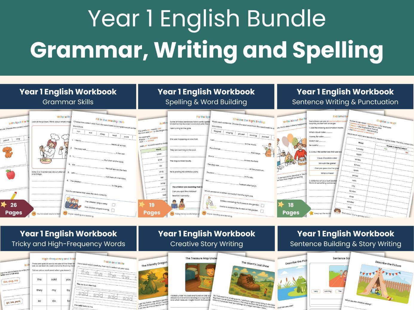 Year 1 English Workbook Bundle | Grammar, Writing and Spelling | Printable Worksheets