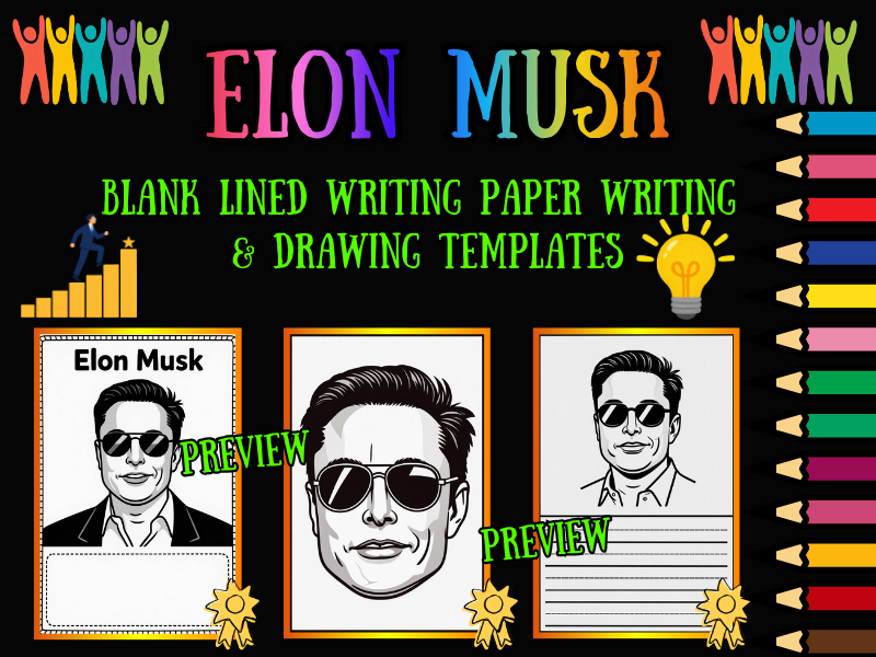 Elon Musk Coloring Pages + Blank Lined Writing Paper Templates NO PREP Pack
