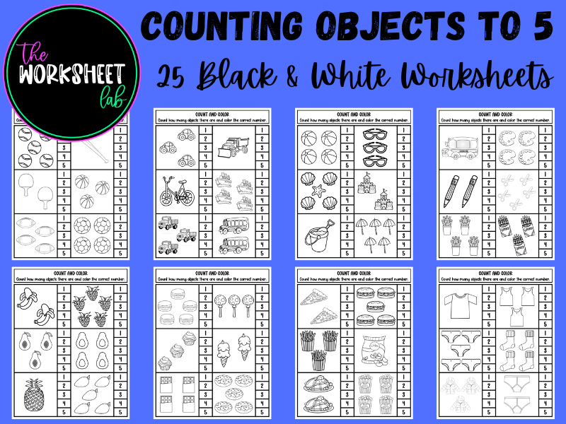 Counting Objects to 5 Worksheets in Black & White